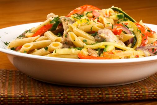 Grilled Chicken and Roasted Zucchini Penne with Fresh Tomato Sauce