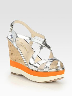 Prada Metallic Leather Cork Wedge Sandals