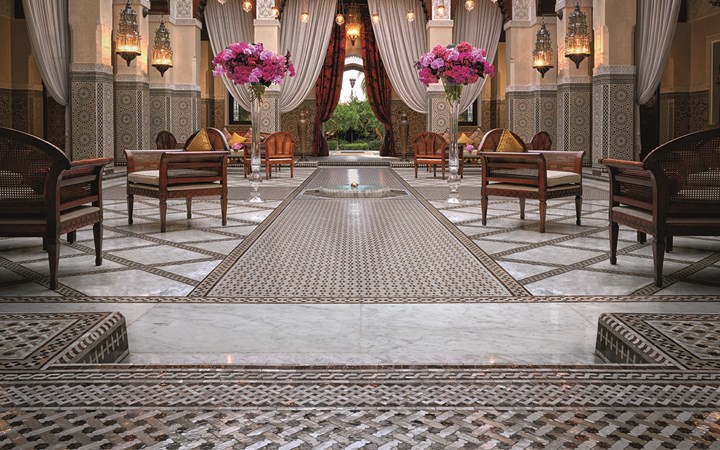 Interior of a luxury hotel in Morocco where the babouche Louboutin slippers are sold.